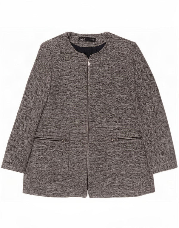 Jaqueta blazer feminina Zara com zíper completo Reino Unido 18 XL cinza espinha de peixe algodão