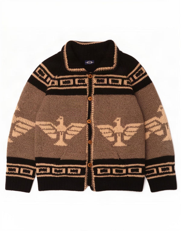 Mens Graphic Cardigan Sweater Large Grey Colourblock Aztec