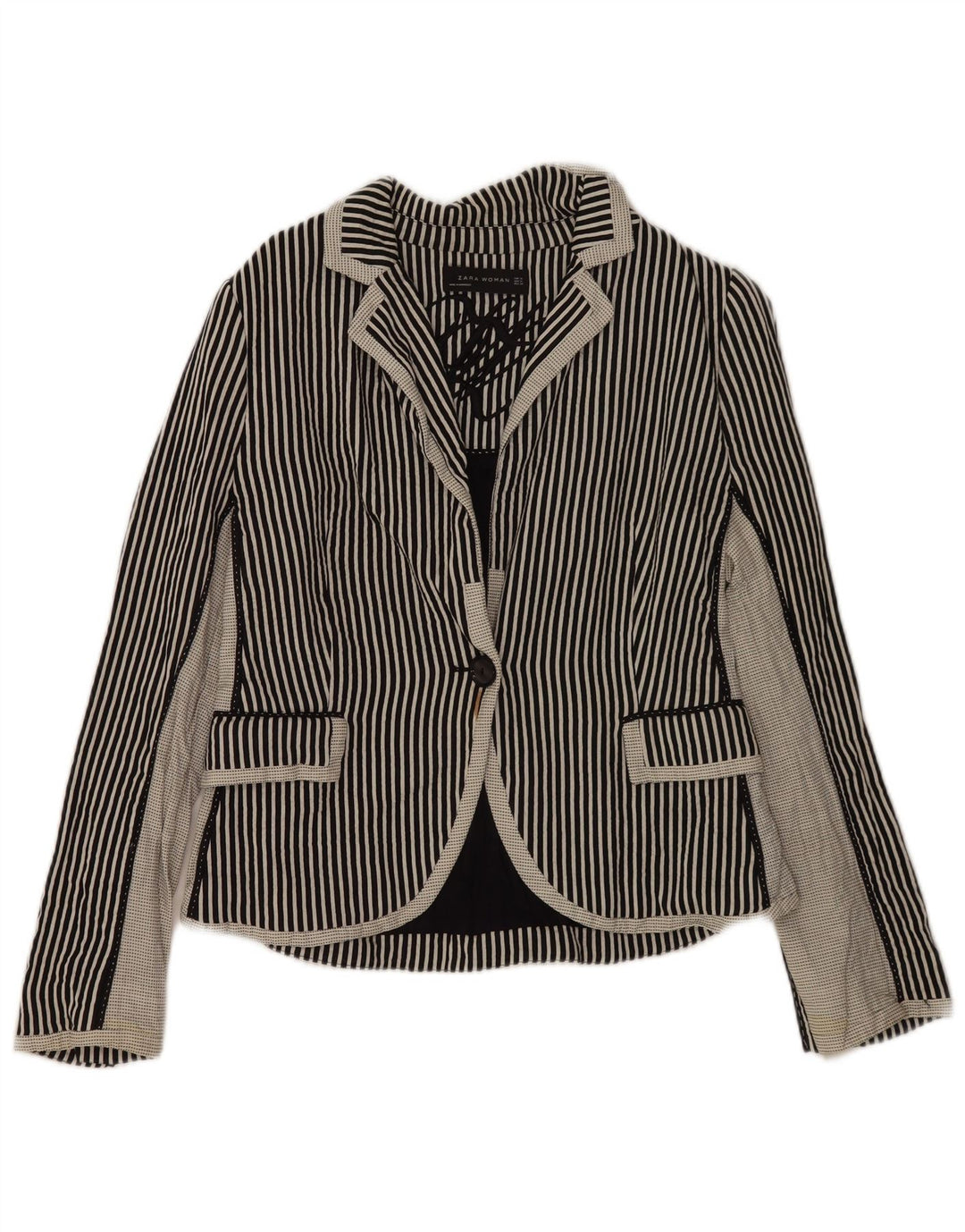 Zara Womens 1 Button Blazer Jacket UK 18 XL Black Striped Cotton