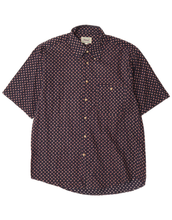 Vintage hombres camisa de manga corta grande azul marino floral algodón
