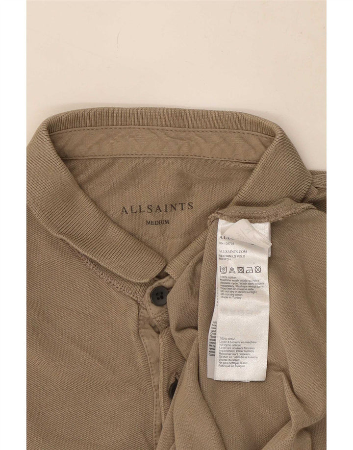 All Saints Mens Long Sleeve Polo Shirt Medium Beige Cotton