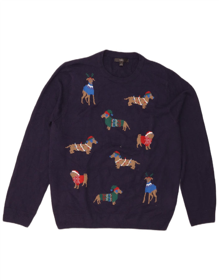 Marks & Spencer Mens Crew Neck Jumper Sweater Large Navy Blue Fair Isle