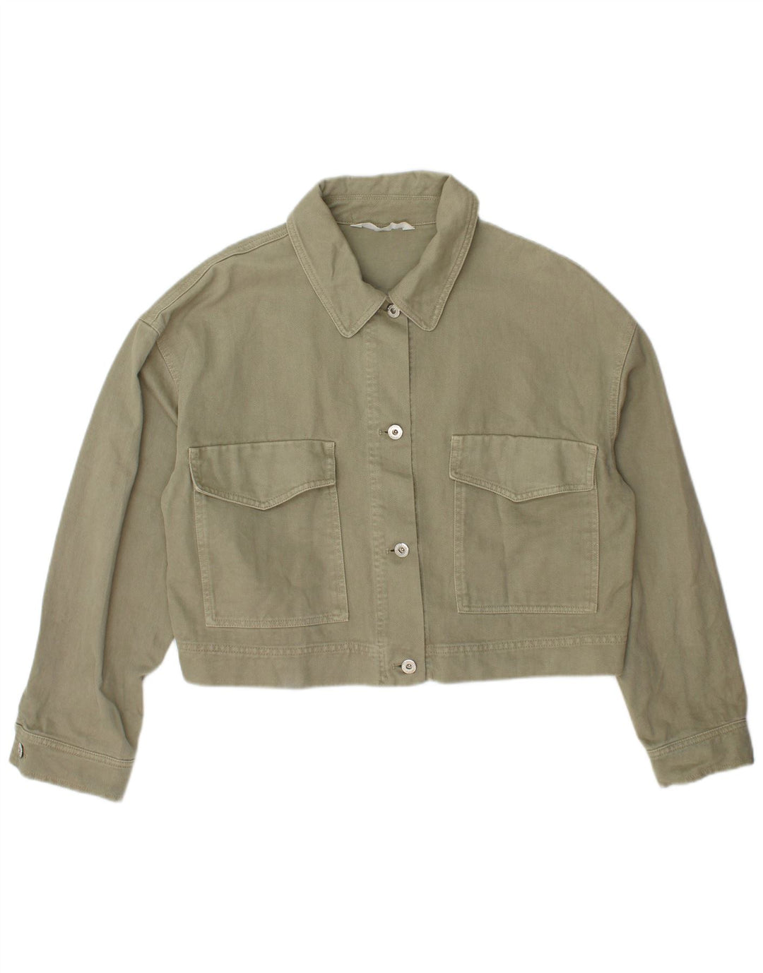 Zara Womens Crop Denim Jacket UK 16 Large Khaki Cotton