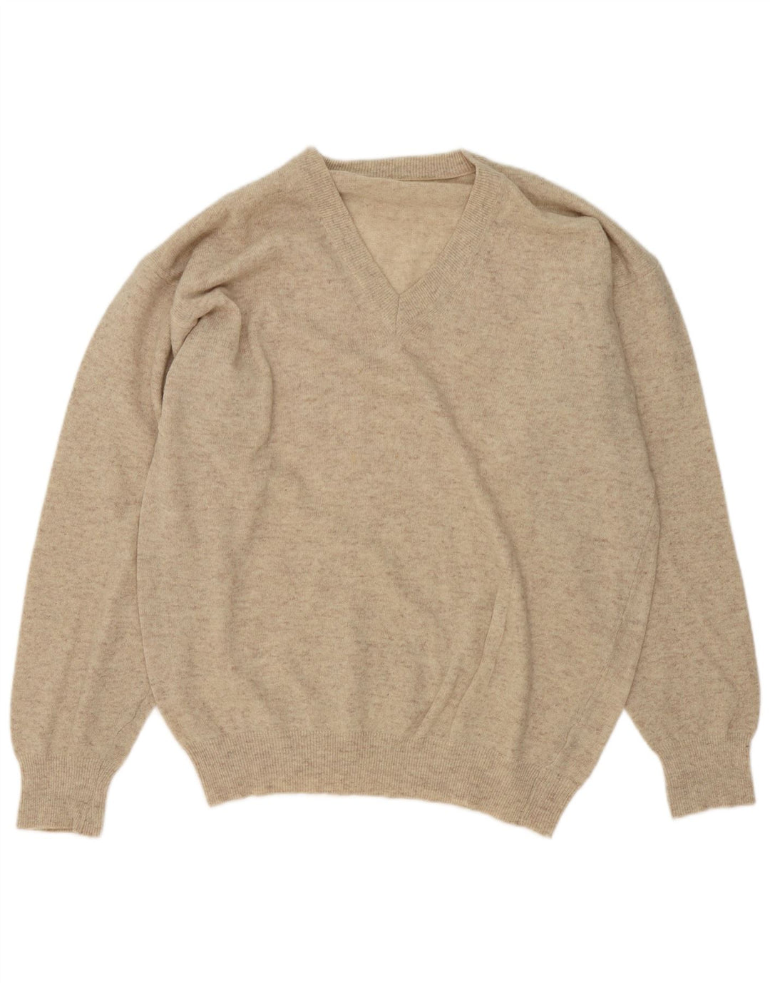 Vintage Mens V-Neck Jumper Sweater Large Beige Flecked Wool