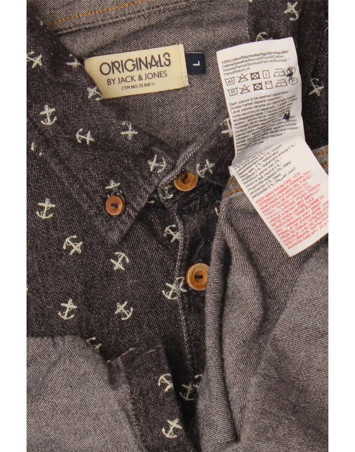 Jack & Jones Mens Abstract Pattern Short Sleeve Shirt Large Grey Cotton