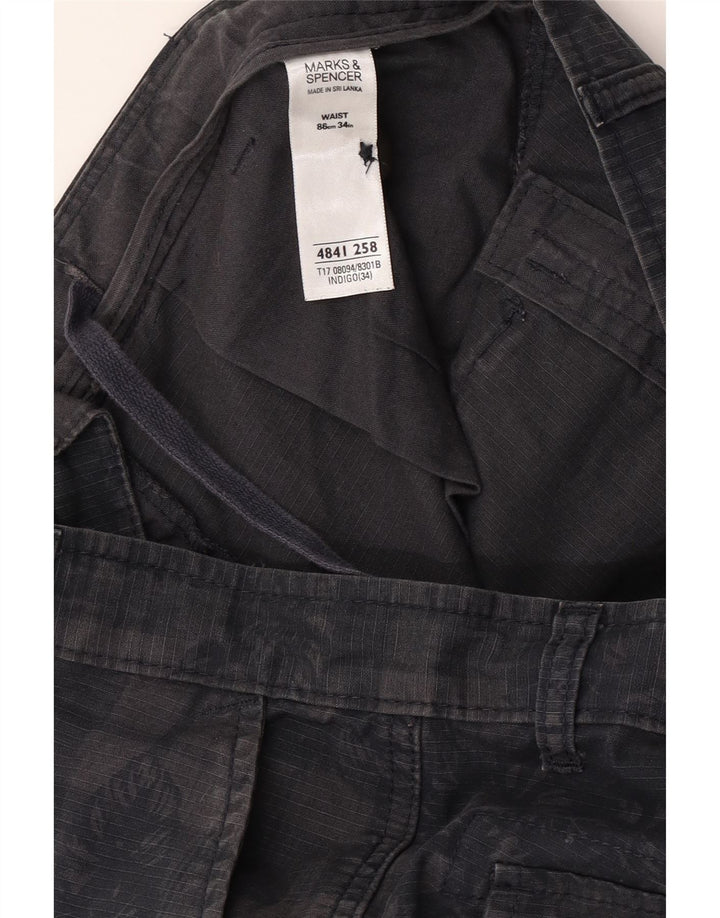 Marks & Spencer Mens Cargo Shorts W34 Large Navy Blue Check Cotton