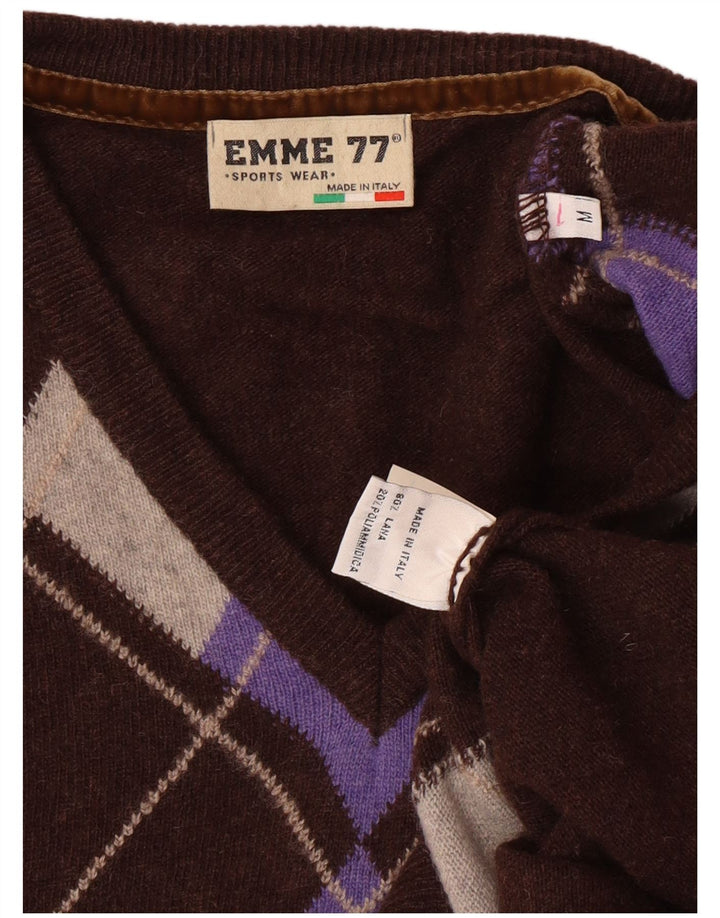 EMME 77 Pulover cu decolteu în V pentru bărbați, maro mediu, lână Argyle/Diamond