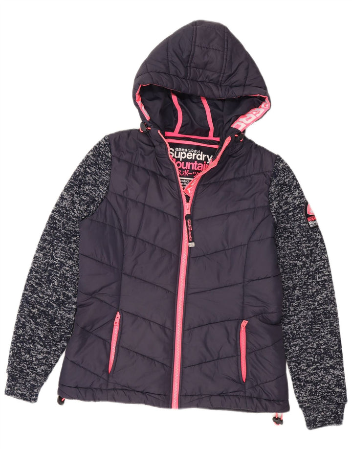 Superdry Womens Hooded Padded Jacket UK 12 Medium Navy Blue Flecked