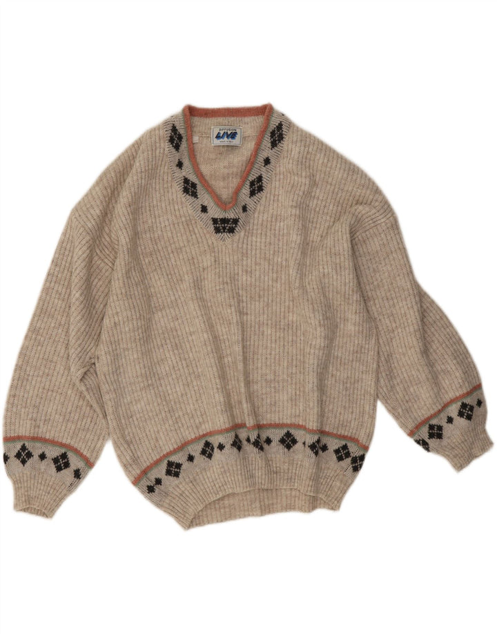 Vintage Mens V-Neck Jumper Sweater Medium Beige Geometric