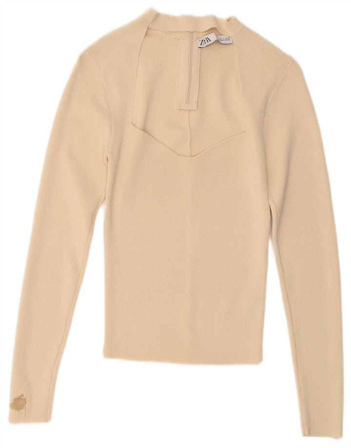 ZARA Womens Crop Top Long Sleeve UK 8 Small Beige Viscose