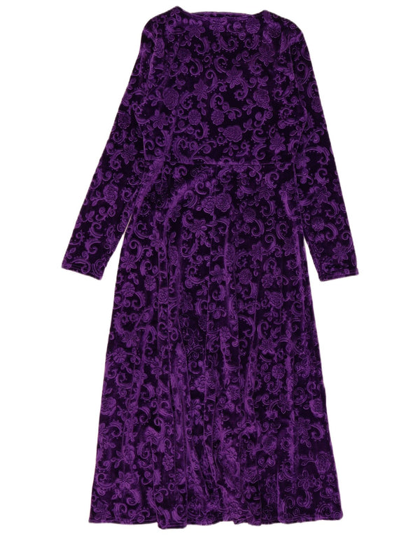 Vintage Damen Samt Maxikleid UK 14 Großes Lila Blumenmuster Polyester
