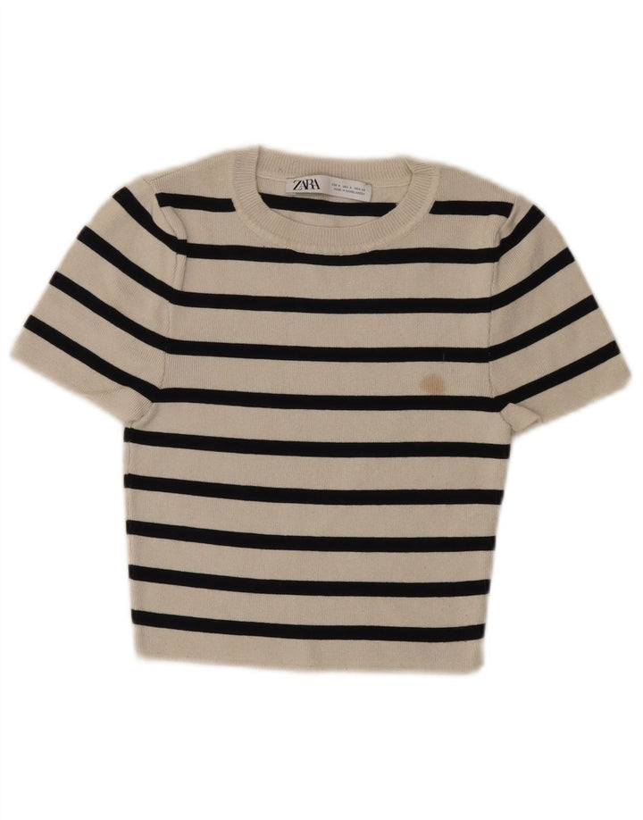 Zara Womens Crop Top UK 8 Small White Striped Viscose
