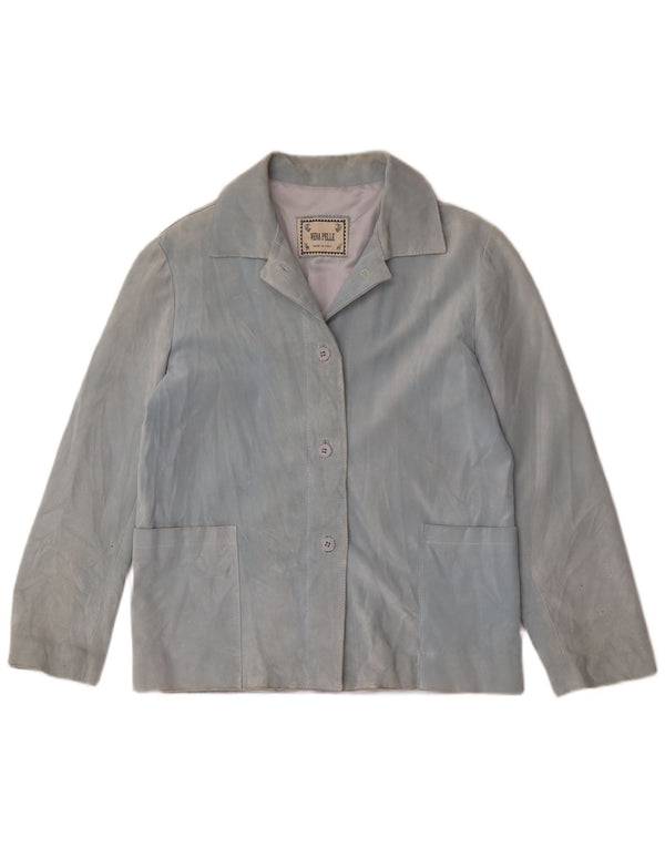 Jaqueta blazer feminina vintage de camurça com 4 botões Reino Unido 14 couro azul médio