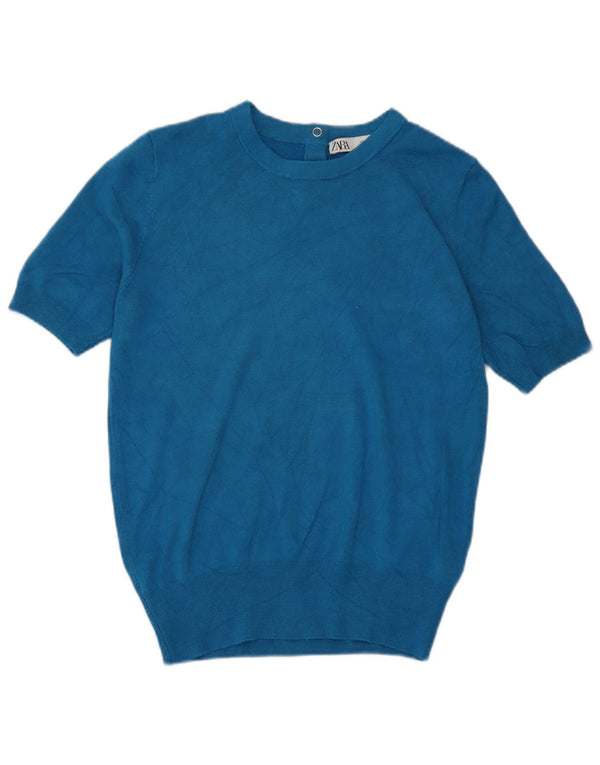 Maglione girocollo a maniche corte da donna Zara UK 12 Viscosa blu medio