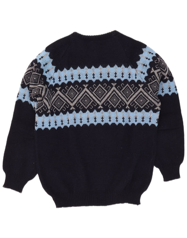 vintage Mens Crew Neck Jumper Pull XL Bleu Marine Fair Isle Acrylique
