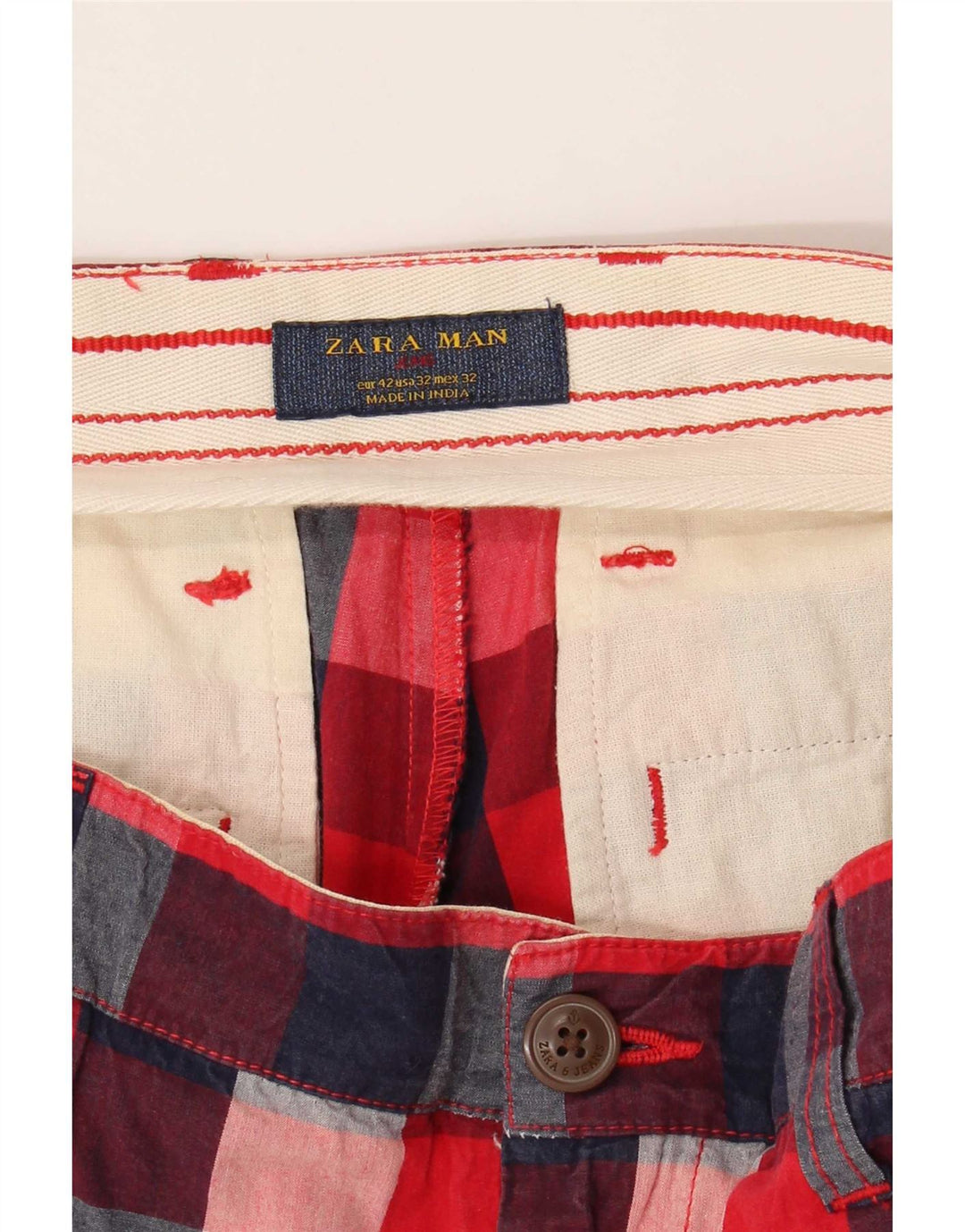 Zara Mens Chino Shorts EU 42 Large W32 Red Gingham