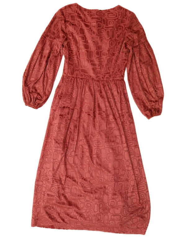 Vintage Damen Langarm Samt Maxikleid UK 12 Mittelrosa Geometrisch