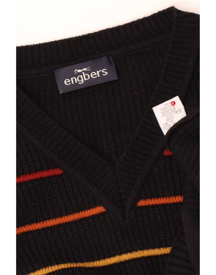 Engbers Mens V-Neck Jumper Sweater EU 54 XL Black Striped Wool