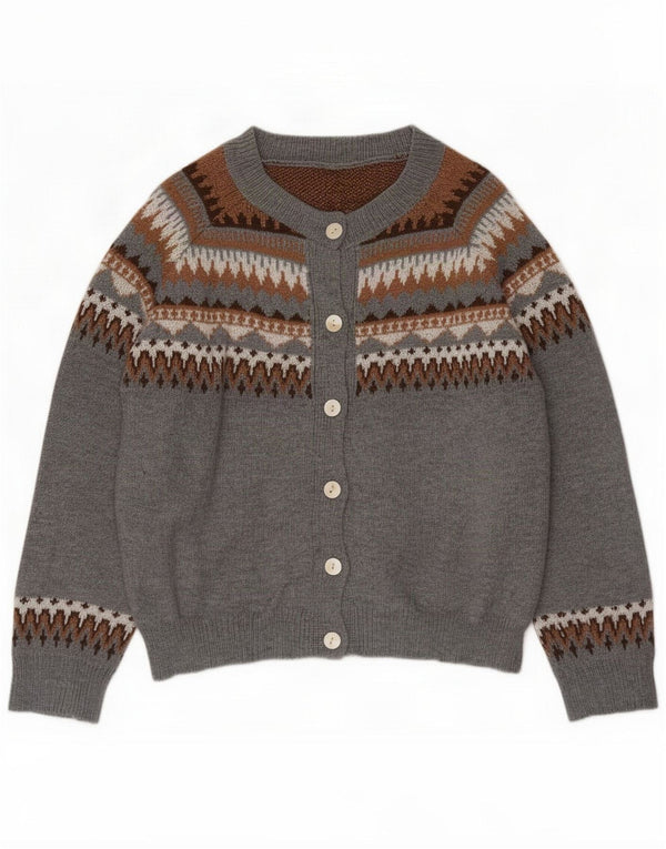 Vintage Womens Cardigan Sweater UK 16 Large Gris Fair Isle Polyester