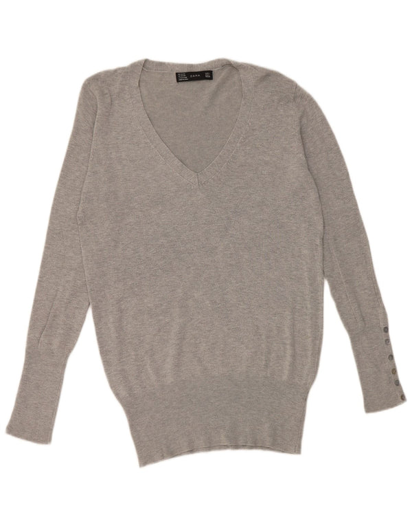 Zara Womens V-Neck Jumper Sweater UK 16 Large Grey Rayon