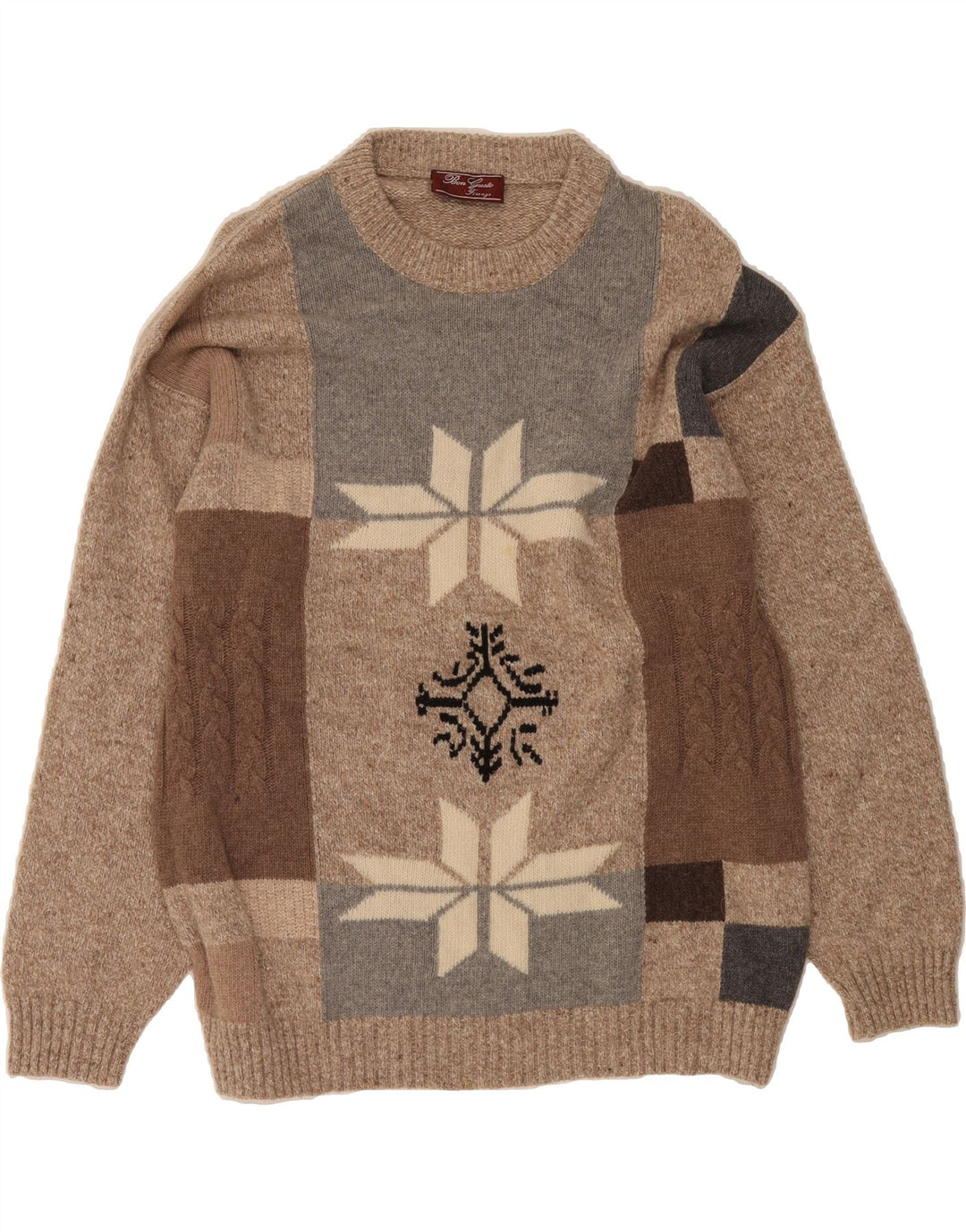 VINTAGE Mens Crew Neck Jumper Sweater Large Beige Colourblock Wool Vintage Vintage and Second-Hand Vintage from Messina Hembry 