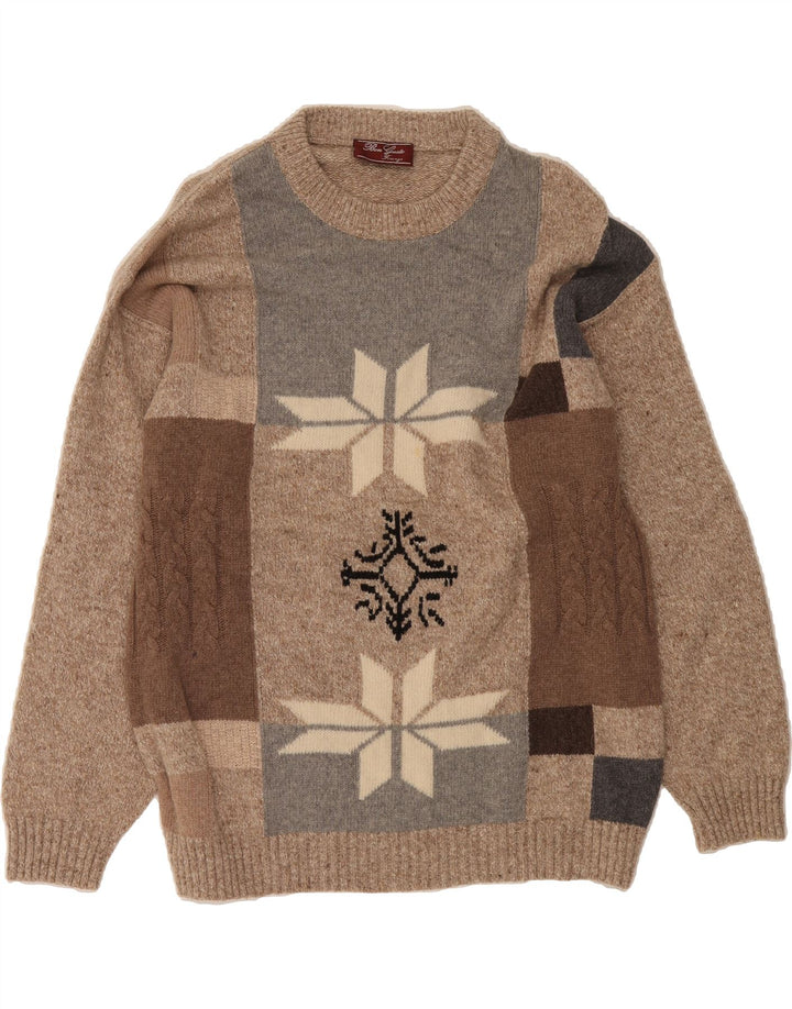 VINTAGE Mens Crew Neck Jumper Sweater Large Beige Colourblock Wool Vintage Vintage and Second-Hand Vintage from Messina Hembry 
