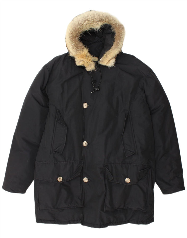 Woolrich Mens Hooded Parka Jacket UK 40 Large Black Cotton