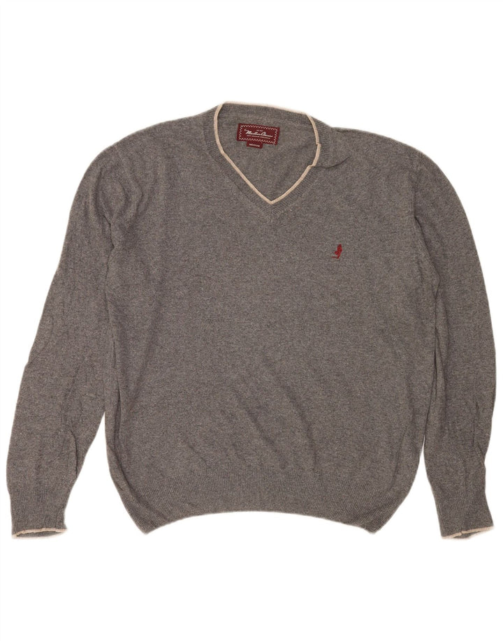 Marlboro Classics Mens V-Neck Jumper Sweater Medium Grey Cotton