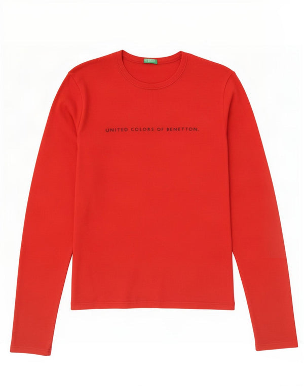 Top grafico da donna Benetton manica lunga UK 12 rosso medio cotone