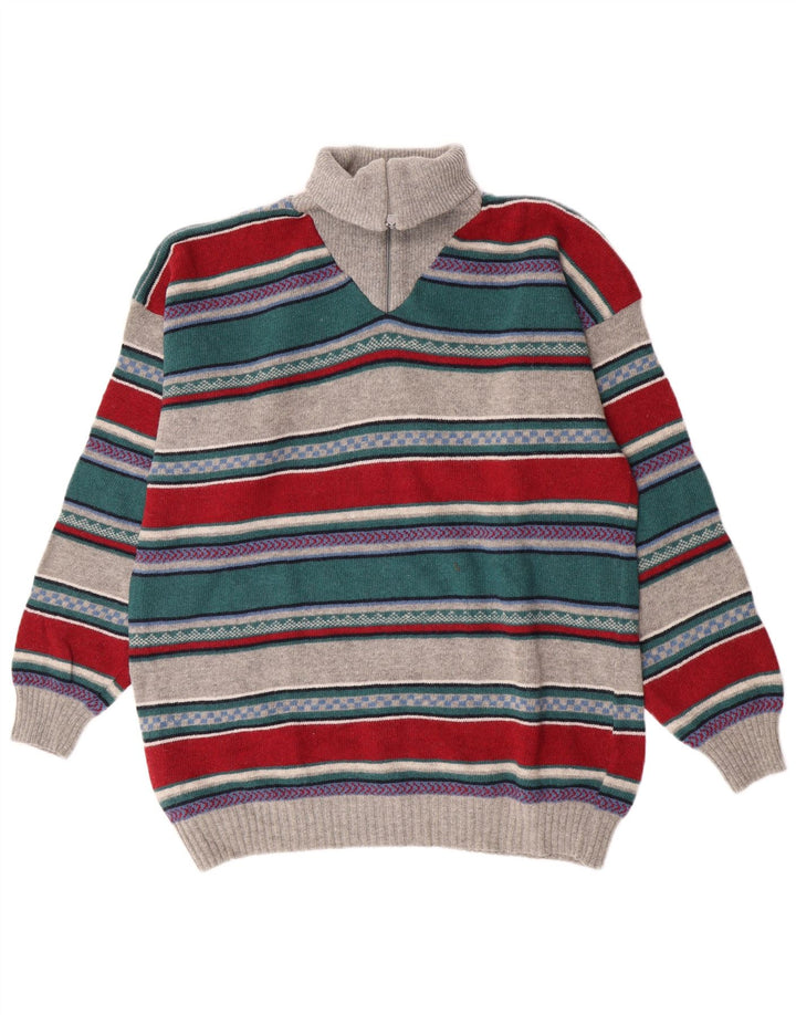 Vintage Mens Zip Neck Jumper Sweater Large Multicoloured Striped Lambswool