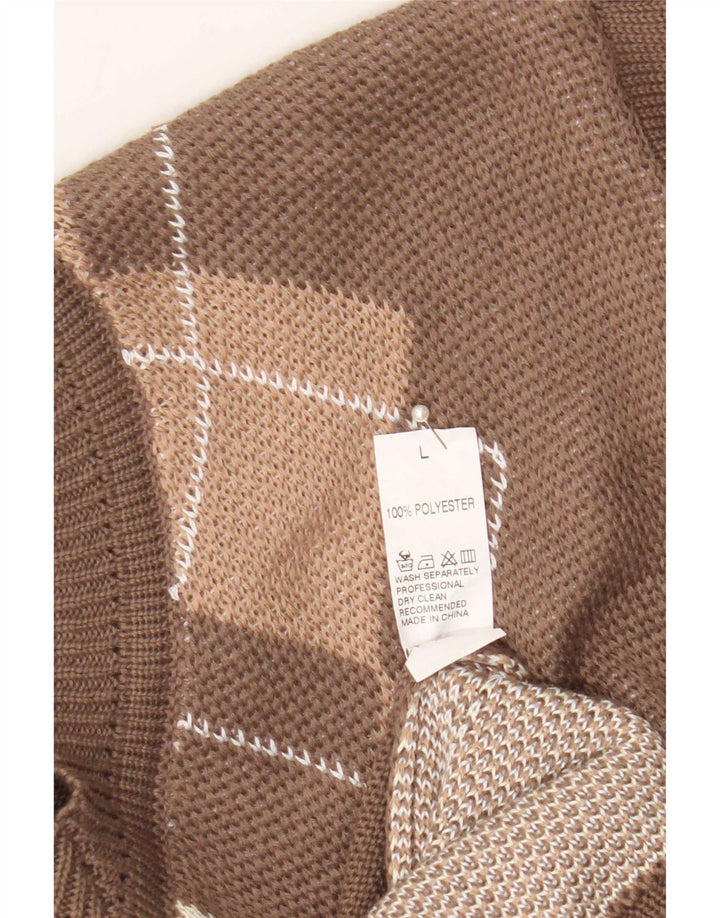 Vintage Womens V-Neck Jumper Sweater Large Brown Argyle/Diamond Polyester