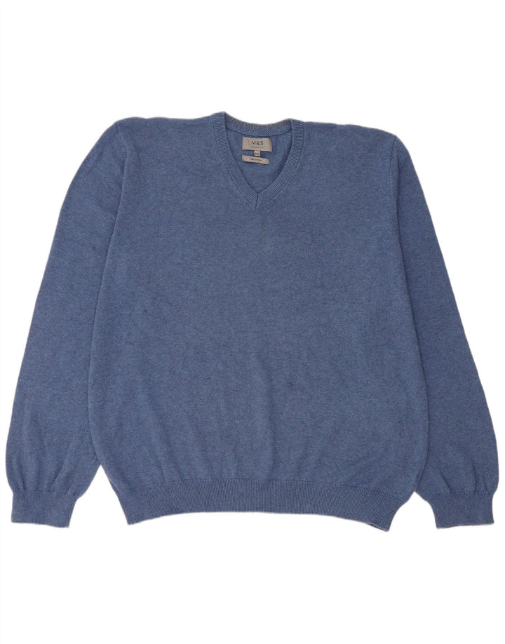 Marks & Spencer Mens V-Neck Jumper Sweater 2XL Blue Cotton