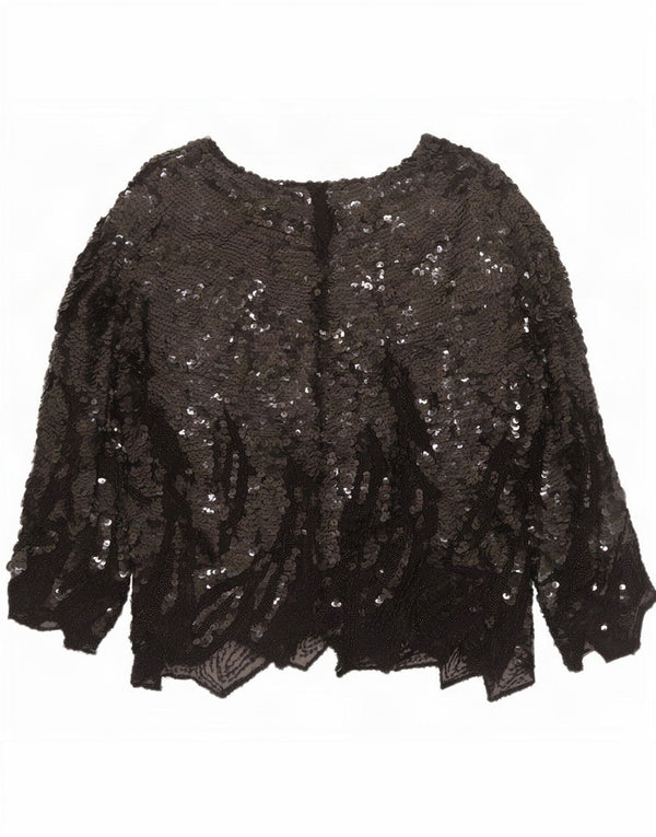 Top camicetta a maniche lunghe da donna vintage UK 16 grande nero chiazzato
