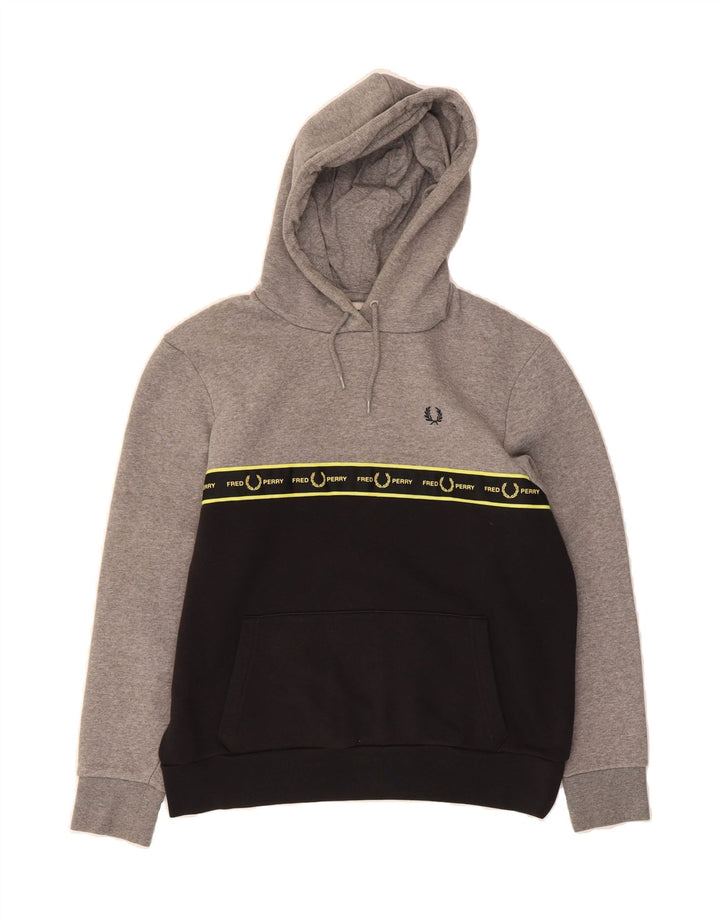 FRED PERRY Womens Oversized Hoodie Jumper UK 8 Small Grey Colourblock Vintage Fred Perry and Second-Hand Fred Perry from Messina Hembry 