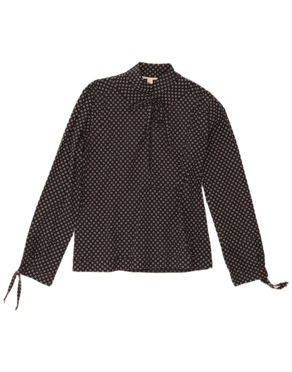 Blusa feminina vintage de manga comprida UK 14 algodão geométrico preto médio