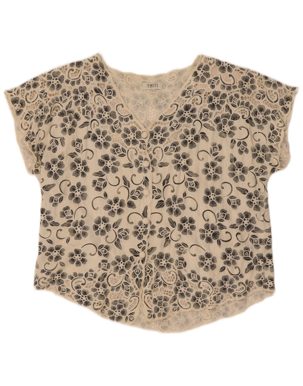 Vintage dameskjorte bluse UK 16 Large Off White Floral Rayon