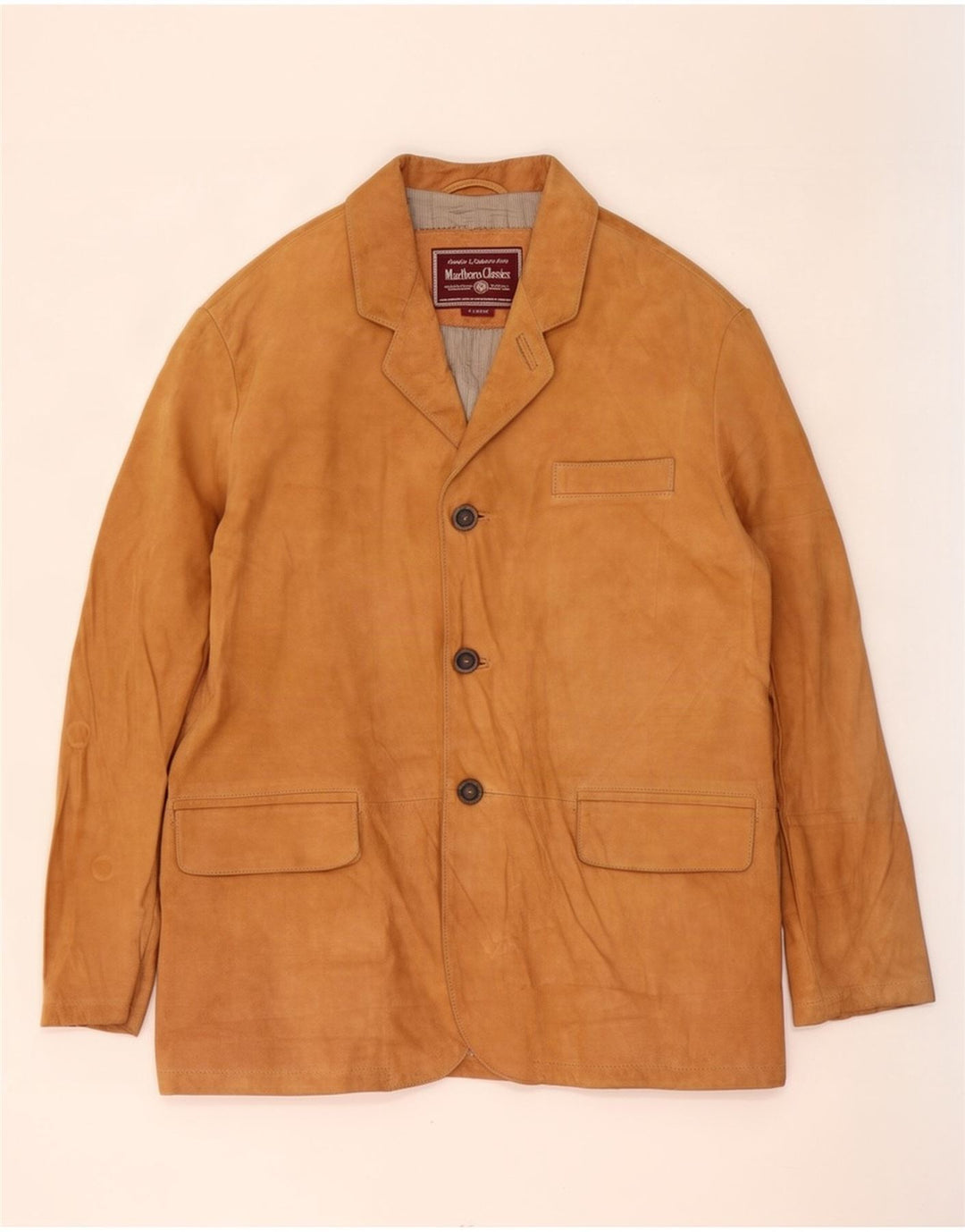 Giacca blazer in pelle scamosciata da uomo a 3 bottoni Marlboro Classics UK 42 XL in pelle beige