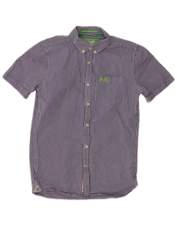 SUPERDRY Mens Short Sleeve Shirt Small Navy Blue Gingham Cotton