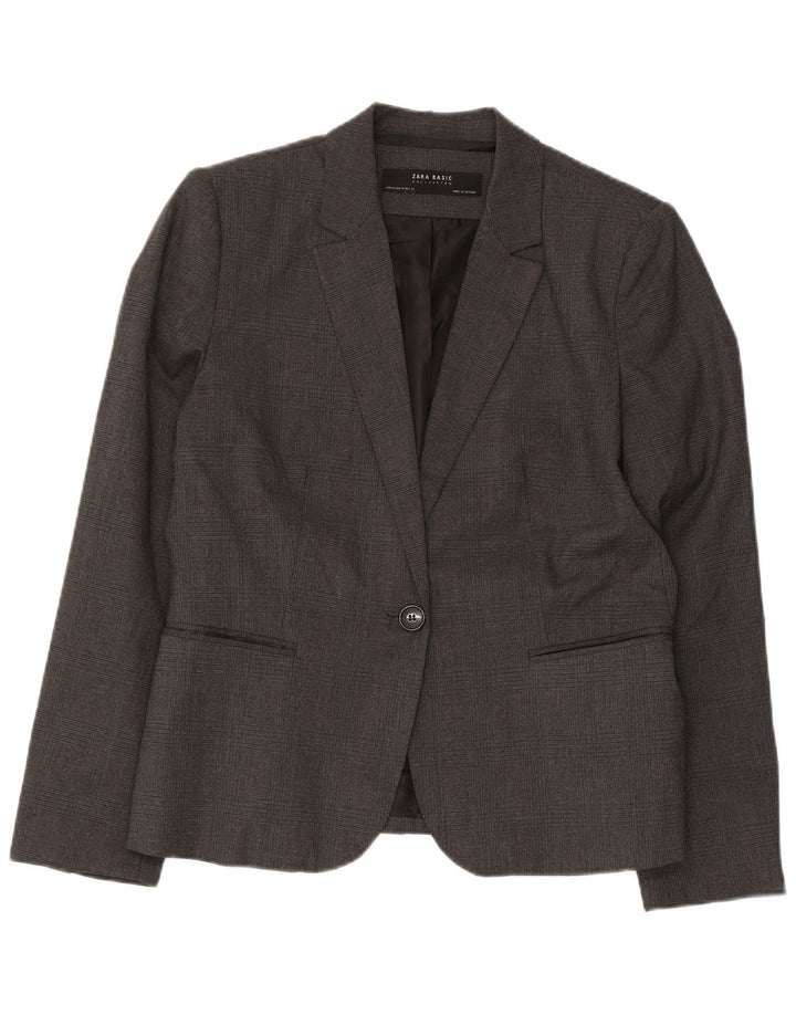 Zara Womens 1 Button Blazer Jacket EU 42 Large Grey Check Polyester