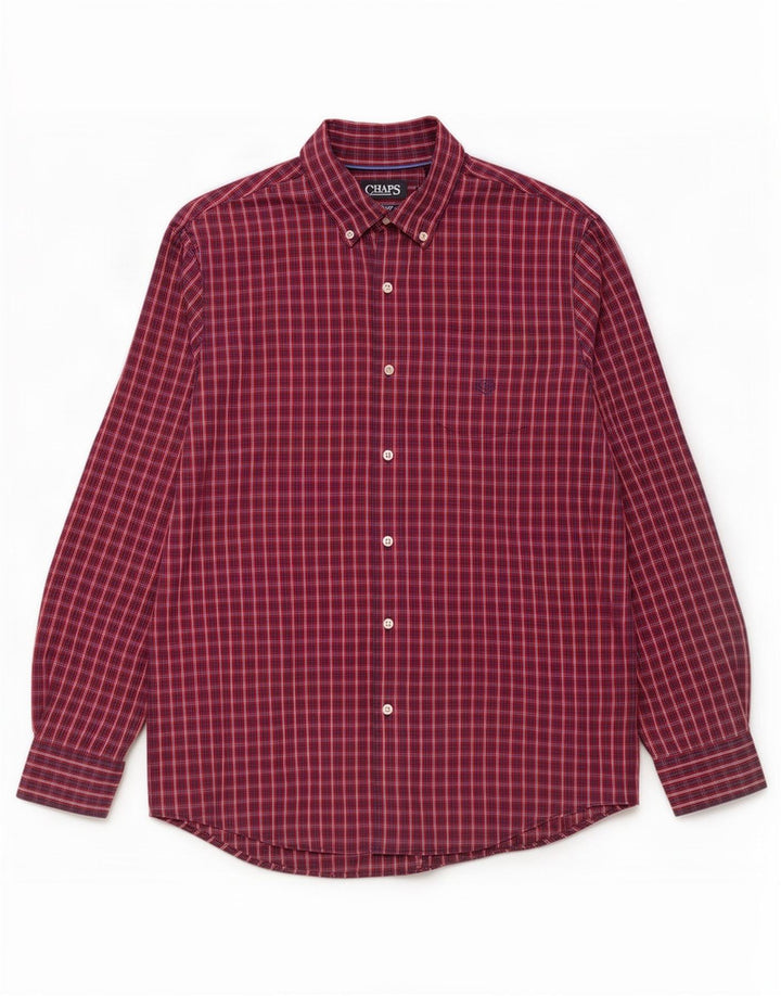 Chaps Mens Socal Stretch Shirt Large Burgundy Check Cotton