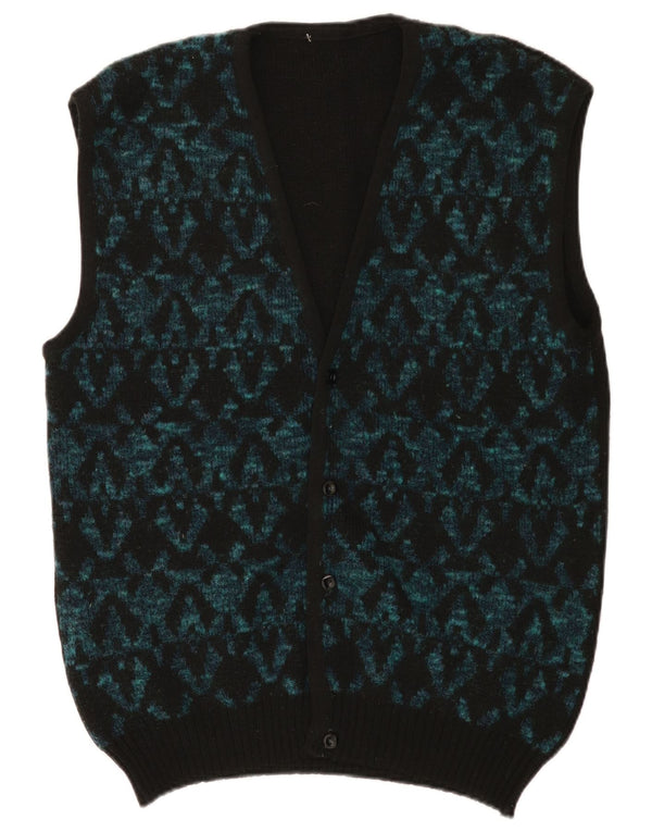 Vintage Mens Sleeveless Cardigan Sweater Medium Black Geometric