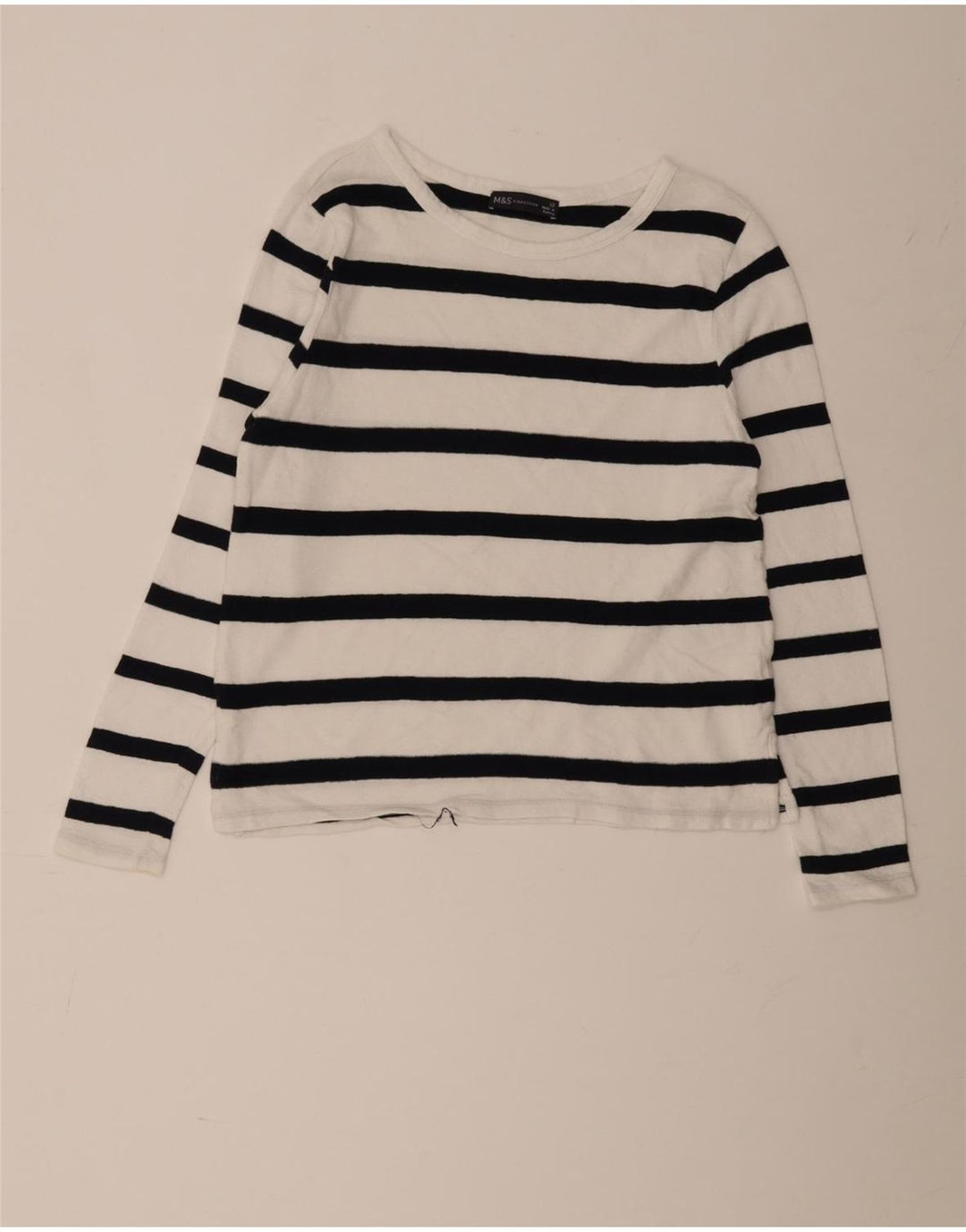 Marks & Spencer Womens Top Long Sleeve UK 10 Small White Striped Cotton