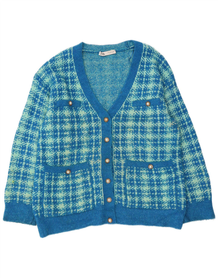 Zara Womens Oversized Cardigan Sweater UK 10 Small Blue Houndstooth Cotton