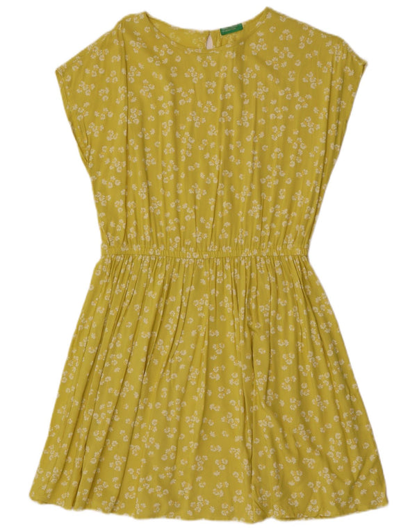 Benetton Womens A-Line Dress UK 14 Medium Yellow Floral