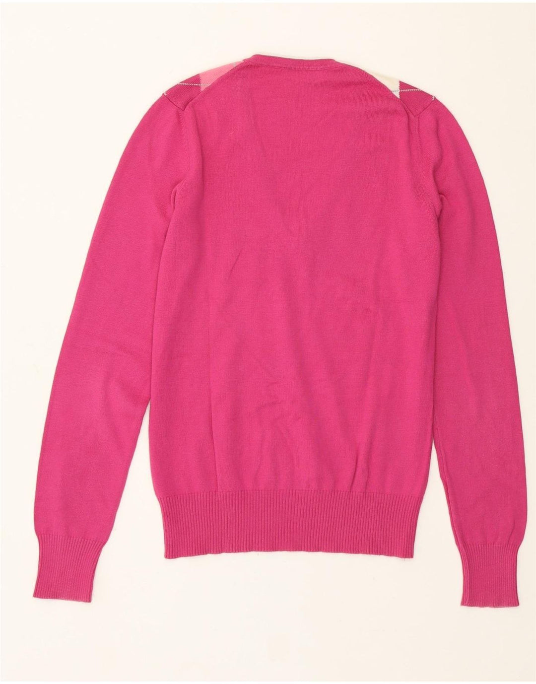 Benetton Womens V-Neck Jumper Sweater UK 12 Medium Pink Argyle/Diamond