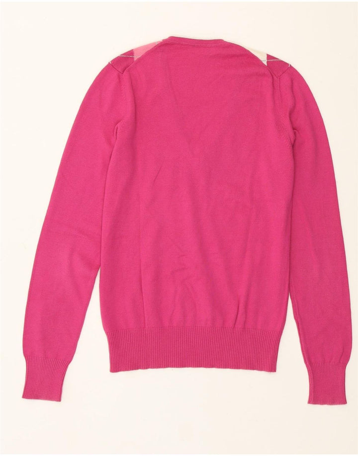 Benetton Womens V-Neck Jumper Sweater UK 12 Medium Pink Argyle/Diamond