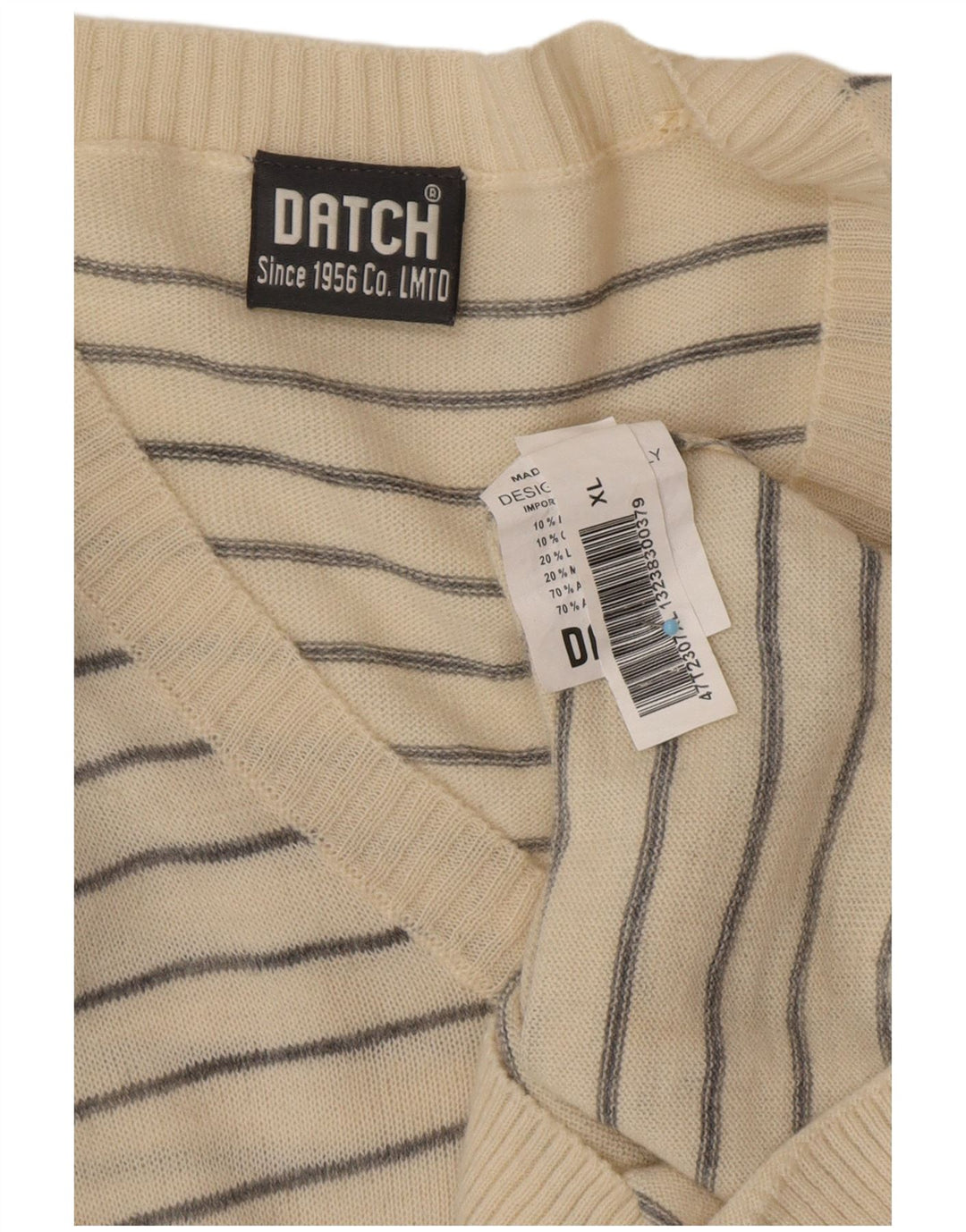 DATCH Herre V-hals sweater XL Off White Stribet akryl
