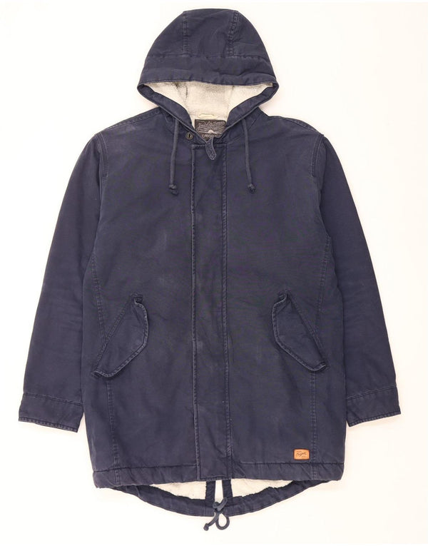 Jack & Jones Mens Hooded Sherpa Parka Jacket UK 42 XL Navy Blue Cotton