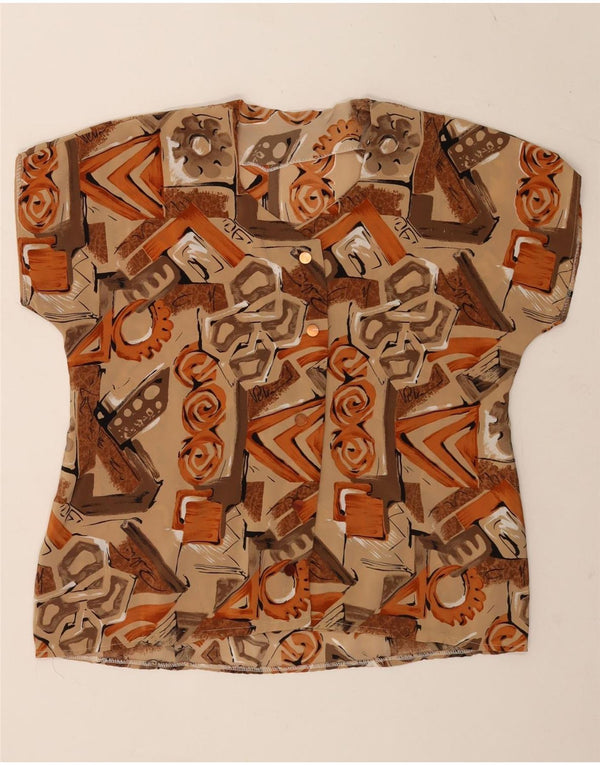 Vintage Womens Short Sleeve Blouse Top UK 14 Large Beige Geometric