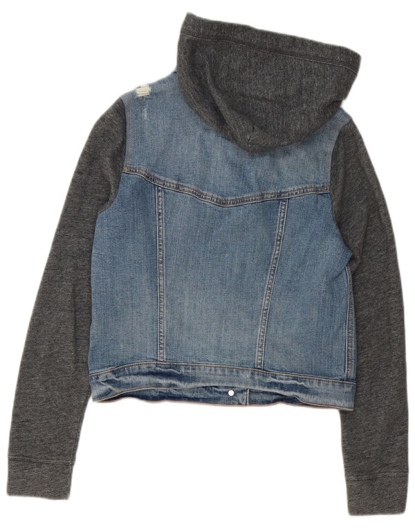 Giacca di jeans con cappuccio corta Hollister da donna UK 10 Small Blu Colourblock